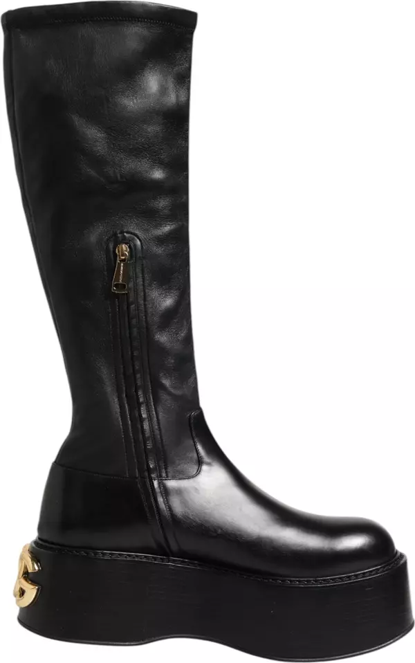Black Logo Plaque Over The Calf Boots Shoes