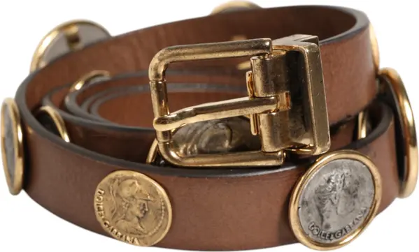 Brown Leather Gold Silver Coin Buckle Belt