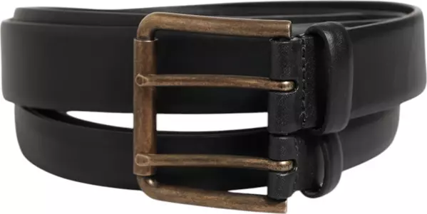 Black Double Strap Leather Brass Buckle Belt