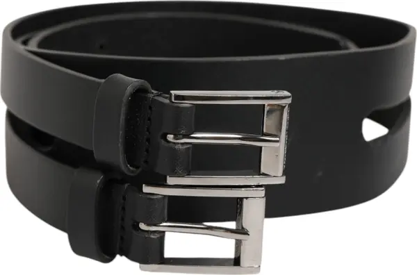 Black Double Strap Leather Silver Buckle Belt