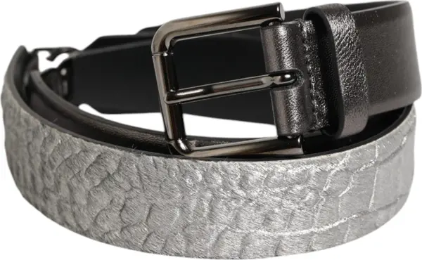 Black Silver Pebbled Texture Leather Buckle Men Belt