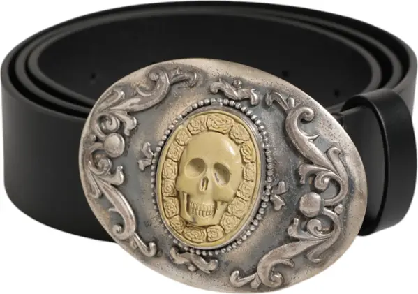 Black Leather Ornate Metal Buckle Men Belt