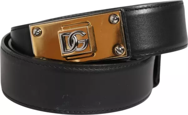 Black Leather Classic Metal Logo Buckle Belt