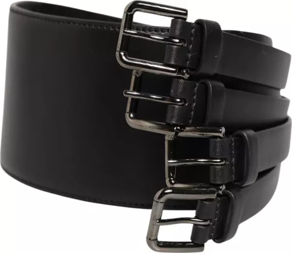 Black Leather 4-Strap Metal Multi-Buckle Belt