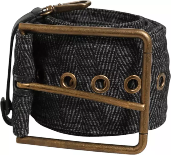 Grey Fabric Logo Plate Metal Brass Buckle Belt