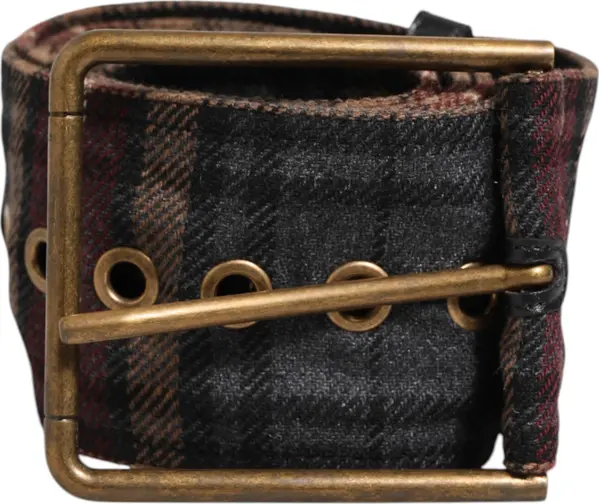 Plaid Fabric Logo Plate Brass Buckle Belt