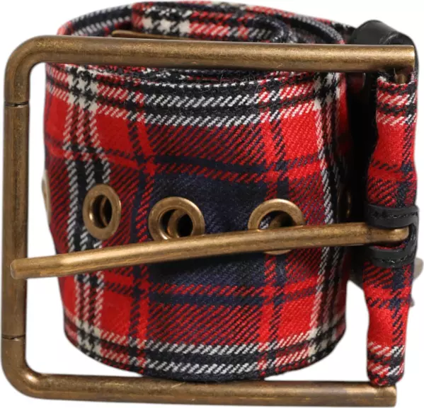 Red Plaid Fabric Logo Plate Brass Buckle Belt