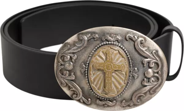 Black Leather Ornate Metal Buckle Men Belt