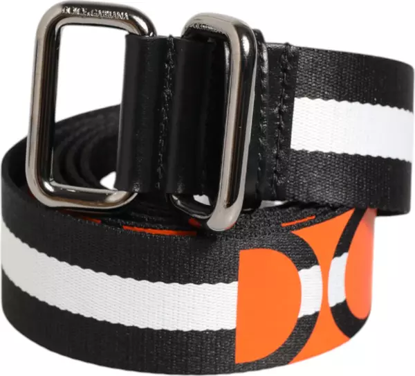 Black White Striped Logo Metal Buckle Belt