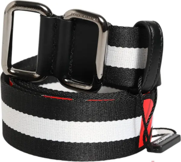 Black White Striped Logo Metal Buckle Belt