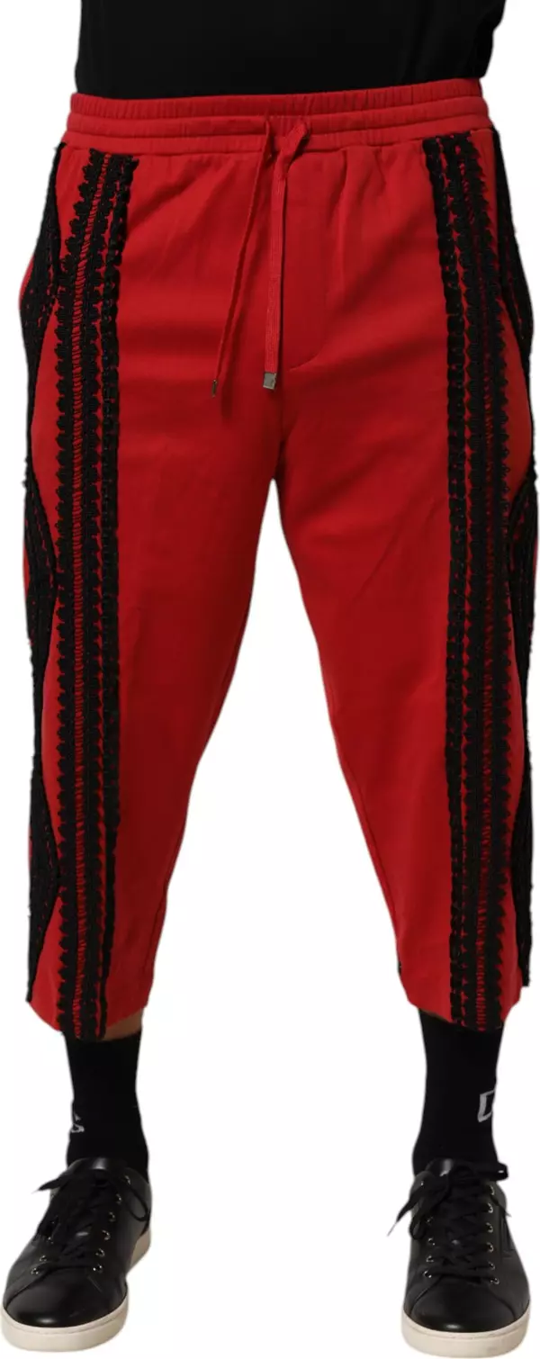 Red Embroidered Casual Cropped Trouser Pants