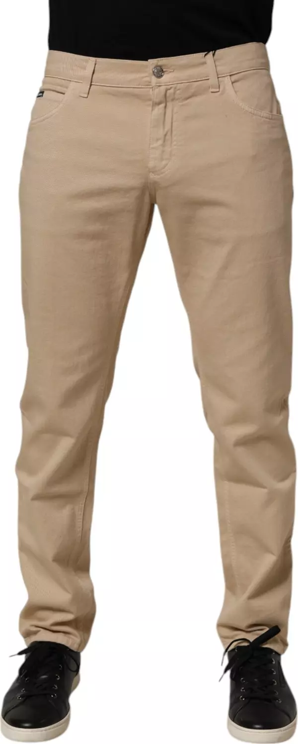 Beige Cotton Skinny Regular Men Denim Jeans