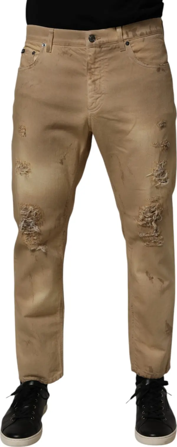 Beige Cotton Loose Tattered Men Denim Jeans