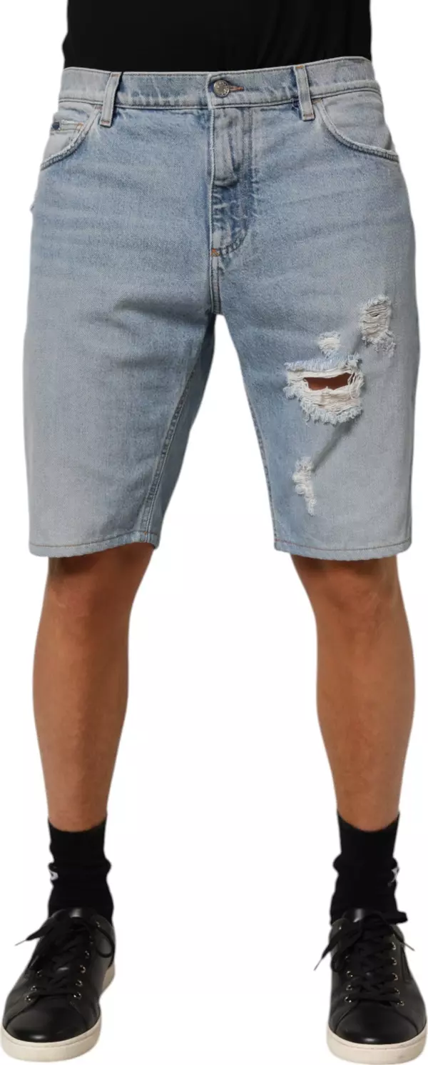 Blue Cotton Distressed Denim Bermuda Shorts
