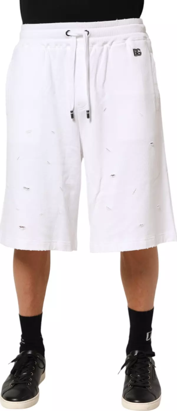 White Cotton Ripped Bermuda Sweatpants Shorts