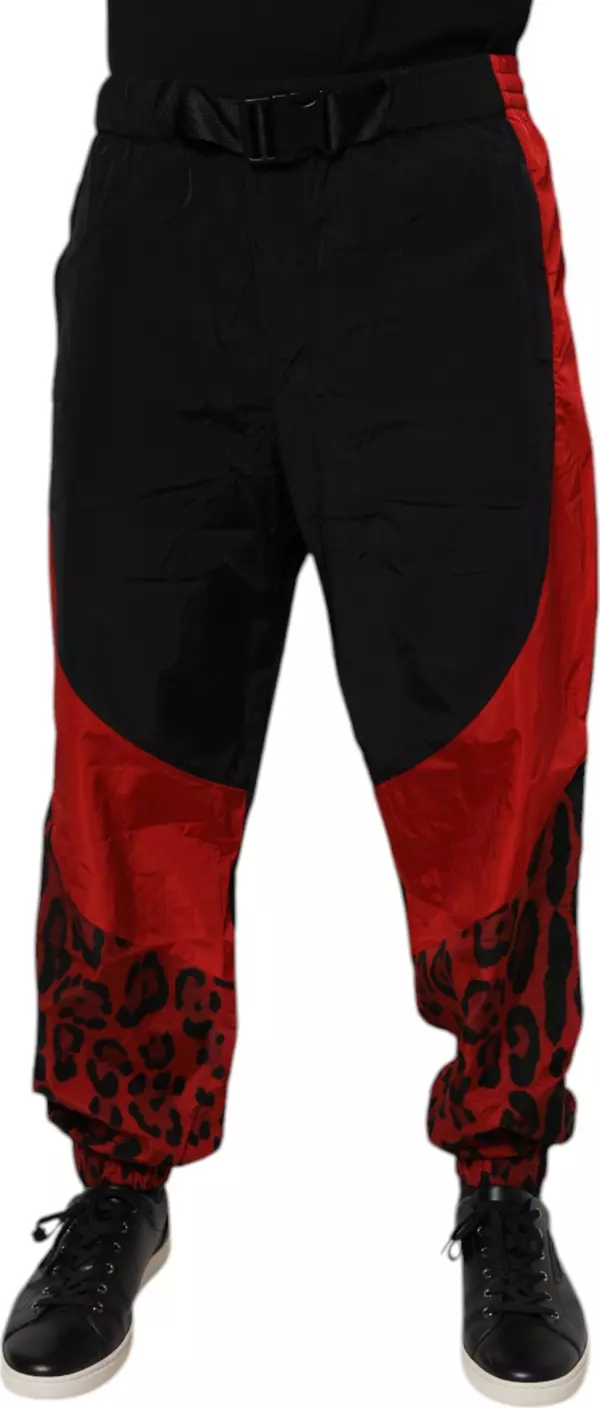 Black Red Leopard Print Nylon Jogger Pants