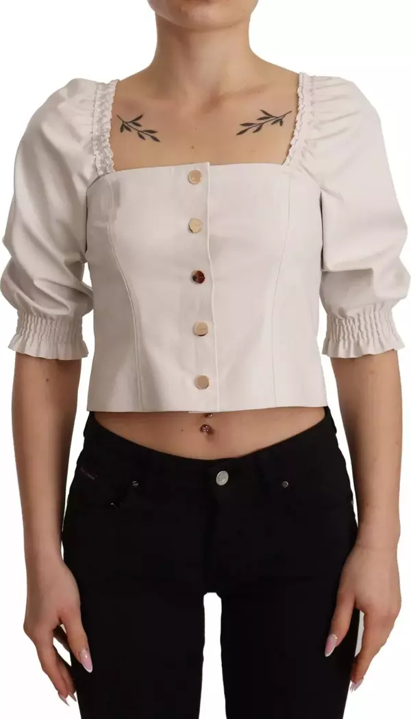 White Square Neck Button Down Crop Blouse