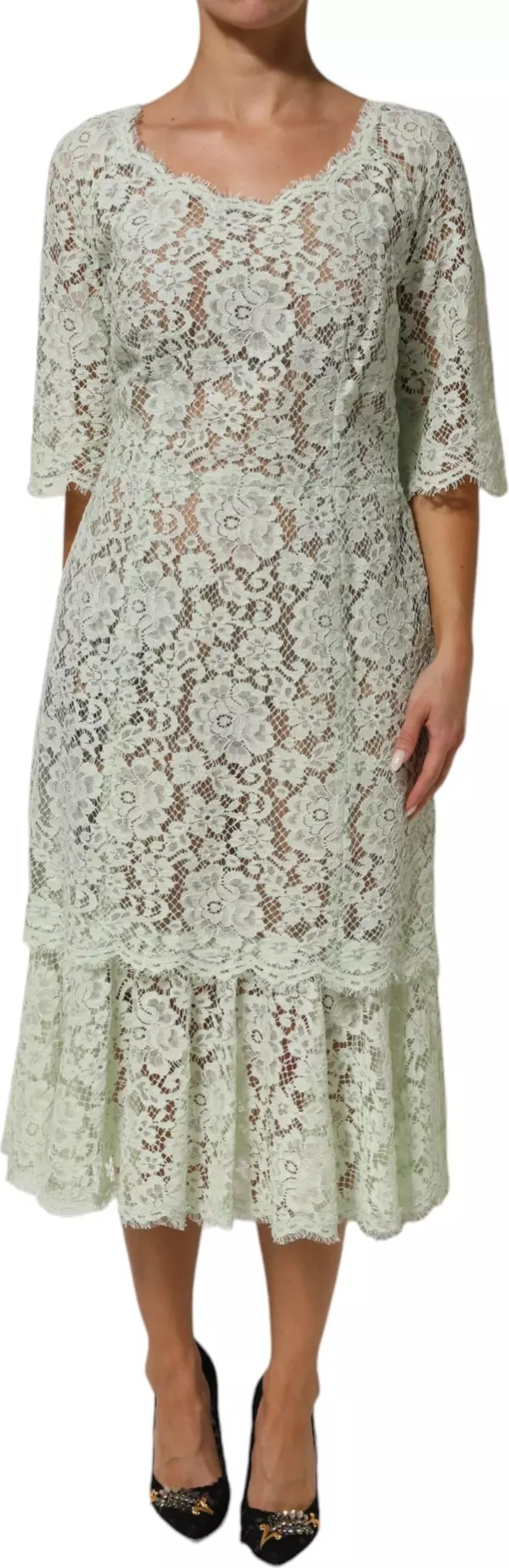Mint Green Floral Lace Trim Midi Dress