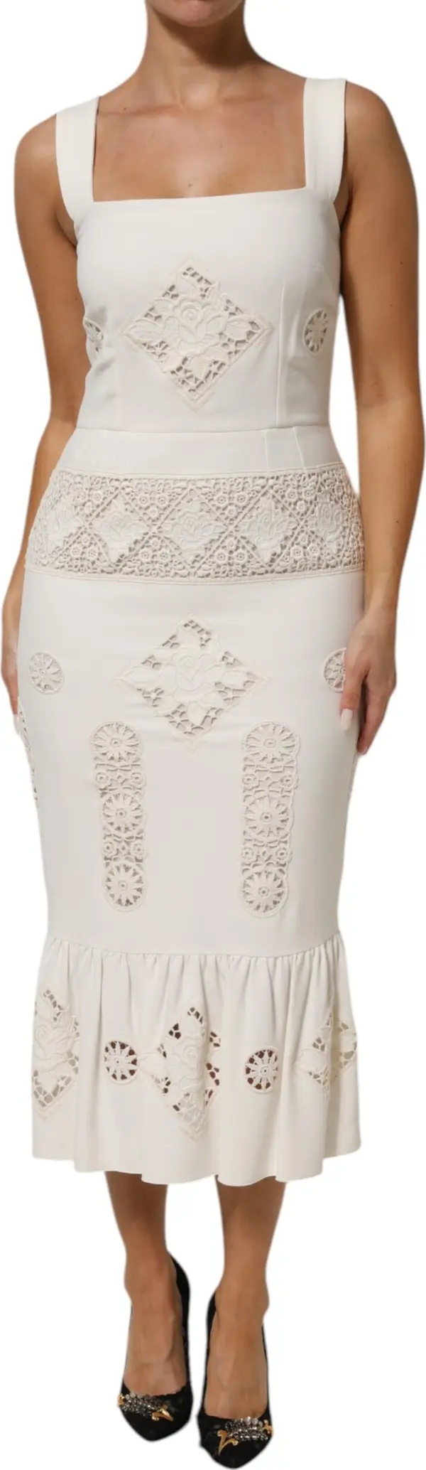 White Floral Lace Sleeveless Midi Dress