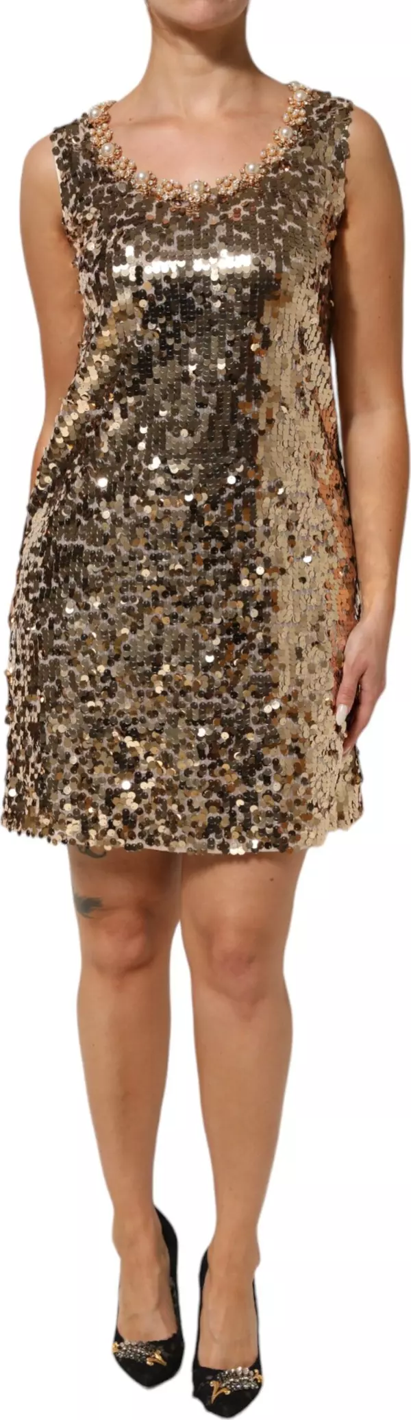 Gold Sequined Nylon A-line Sheath Mini Dress
