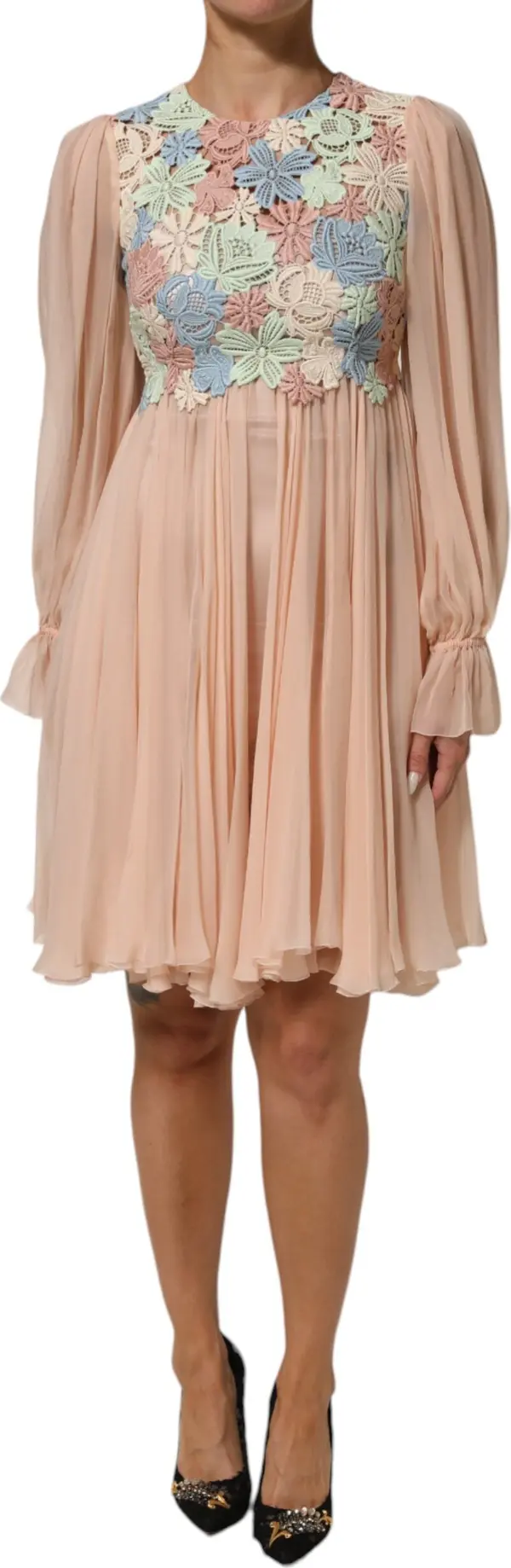 Pink Floral Embroidery Pleated A-line Dress