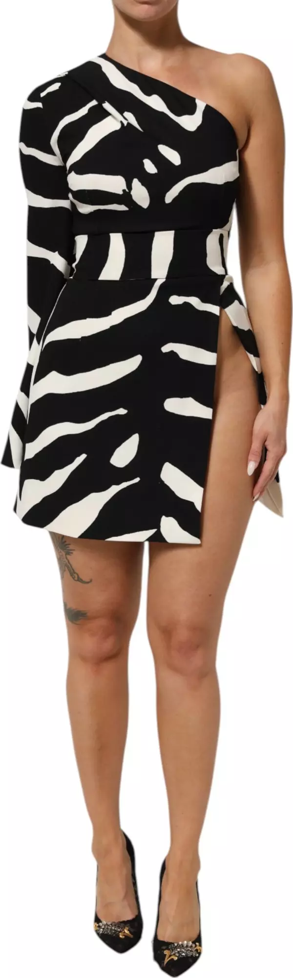 Black White One Shoulder High Slit Mini Dress