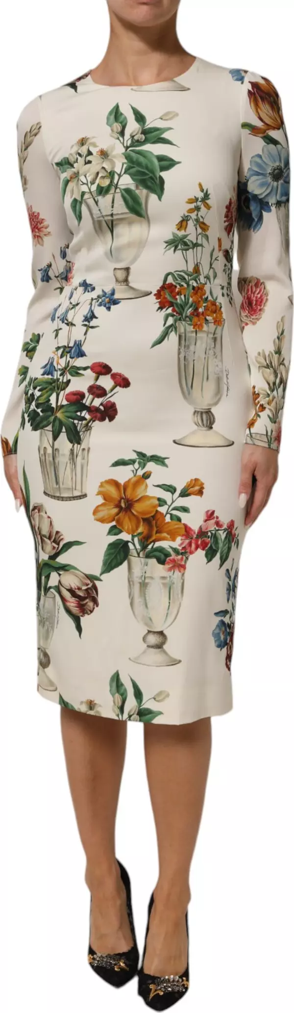 White Flower Vase Silk Sheath Midi Dress