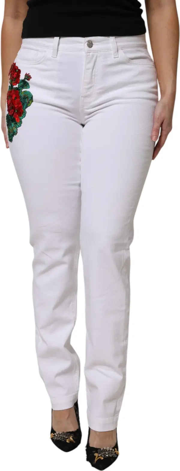 White GIRLY Floral Embroidery Denim Jeans