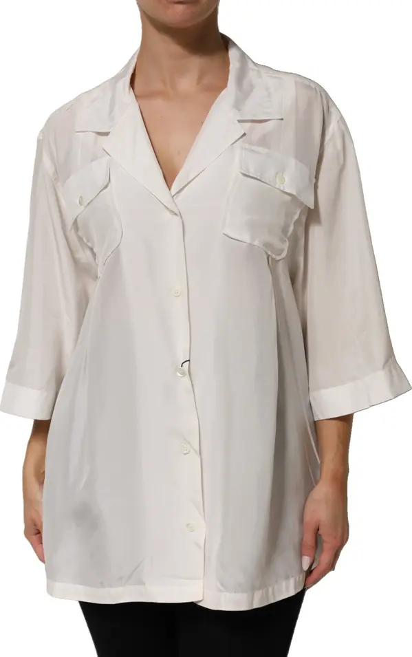 Off White Silk Button Down Polo Shirt Top