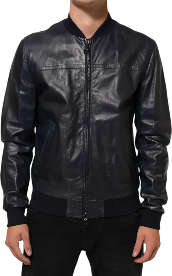 Blue Leather Full Zip Biker Blouson Jacket