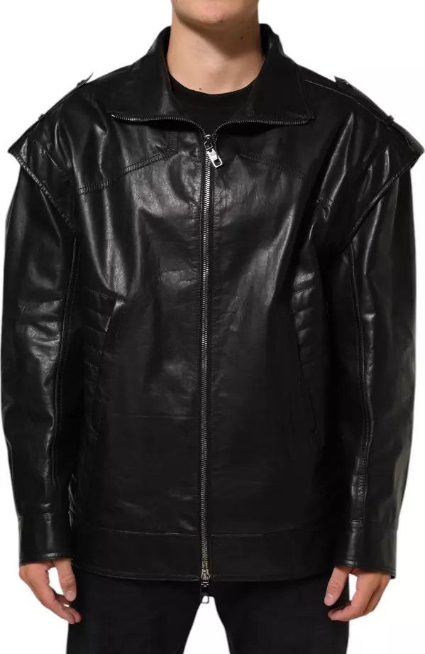 Black Leather Full Zip Biker Blouson Jacket