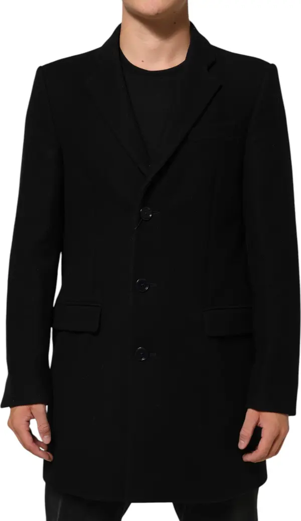 Black Wool Buttoned Men Trench Coat Jacket