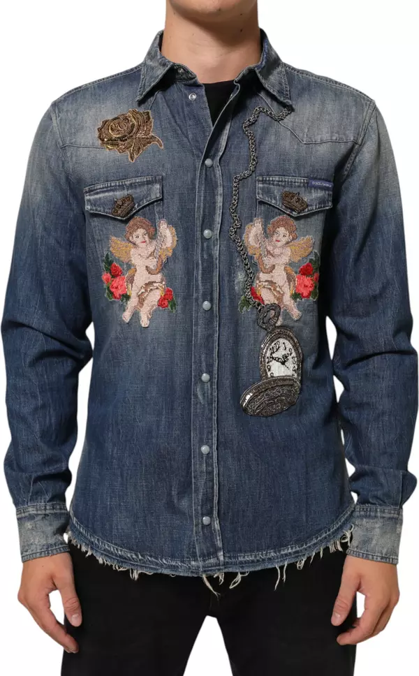 Blue Angel Patch Denim Buttoned Down Men Shirt