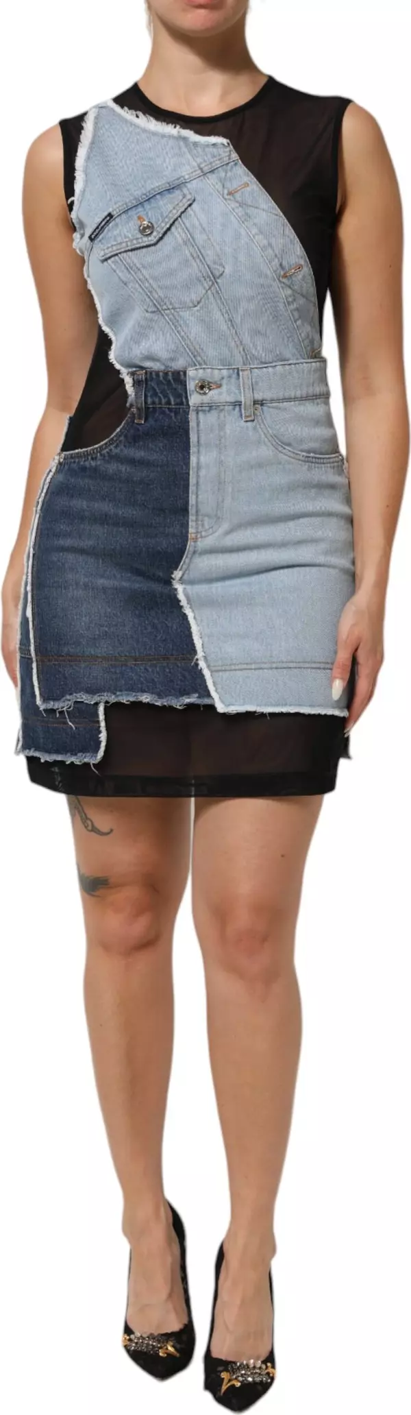 Blue Nylon Patchwork Denim Sheath Mini Dress