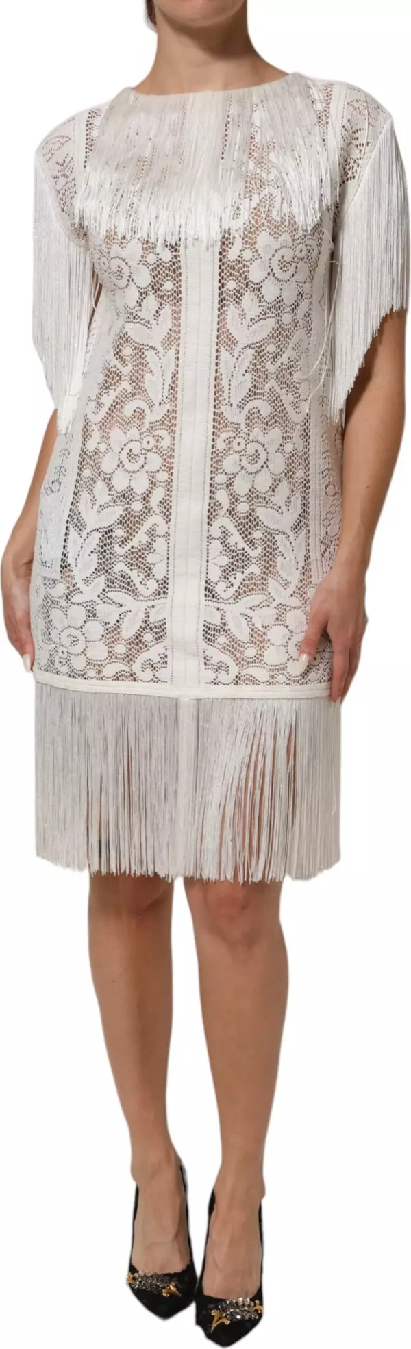 White Floral Lace Fringe Knee Length Dress