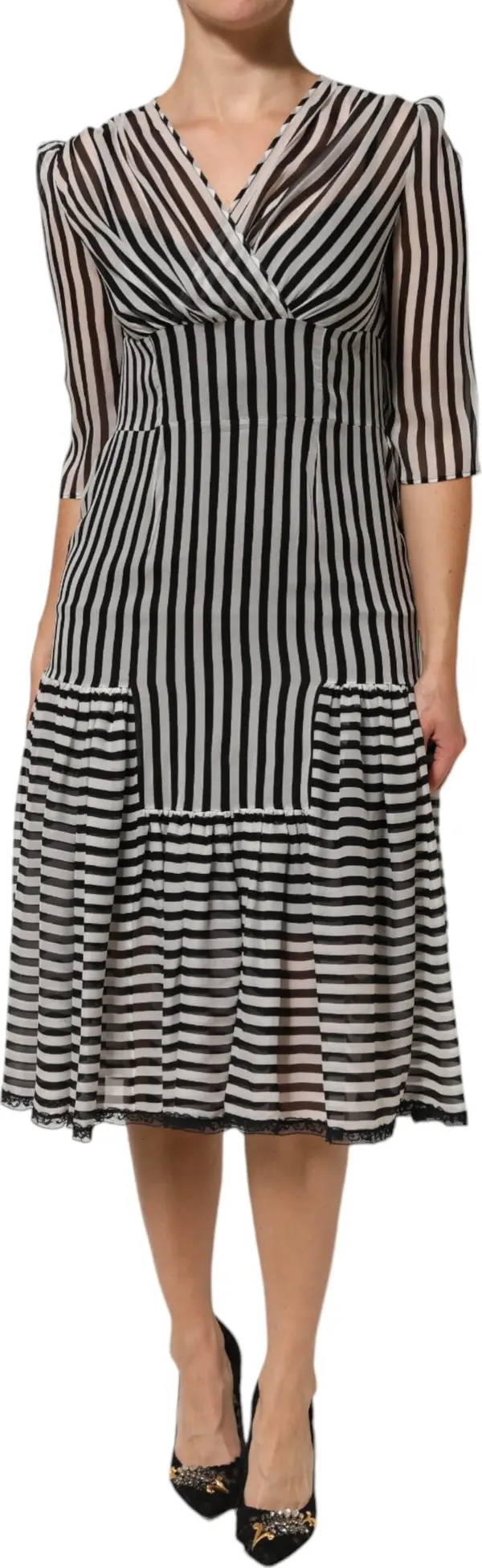 Black White Stripes Silk V-neck Midi Dress
