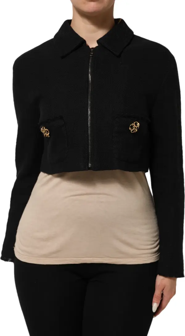 Black Cotton Full Zip Cropped Coat Jacket