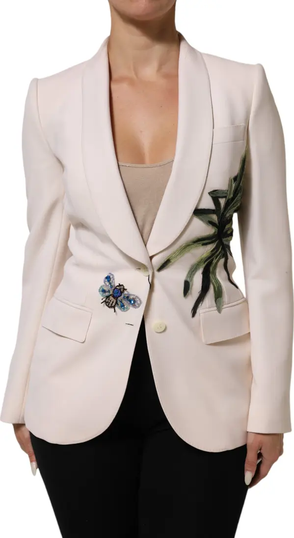 Beige Embroidered Single Breasted Jacket