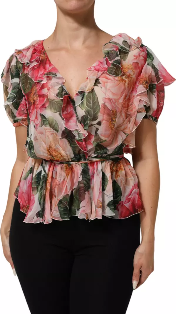 Pink Camellias Printed Silk V-neck Blouse Top