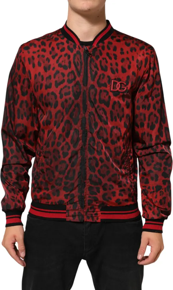 Red Leopard Print Full Zip Bomber Jacket