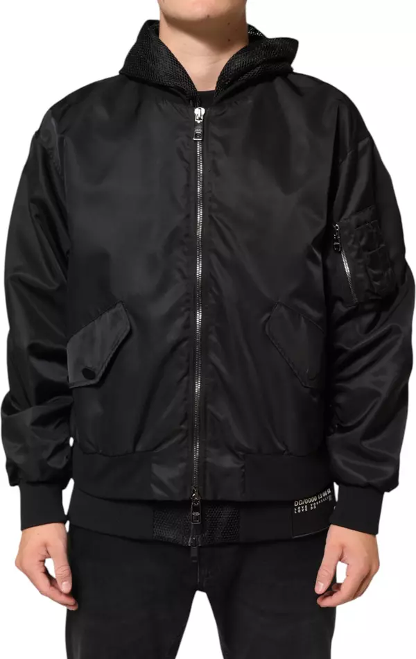 Black Nylon Hooded Full Zip Bomber Men Jacket