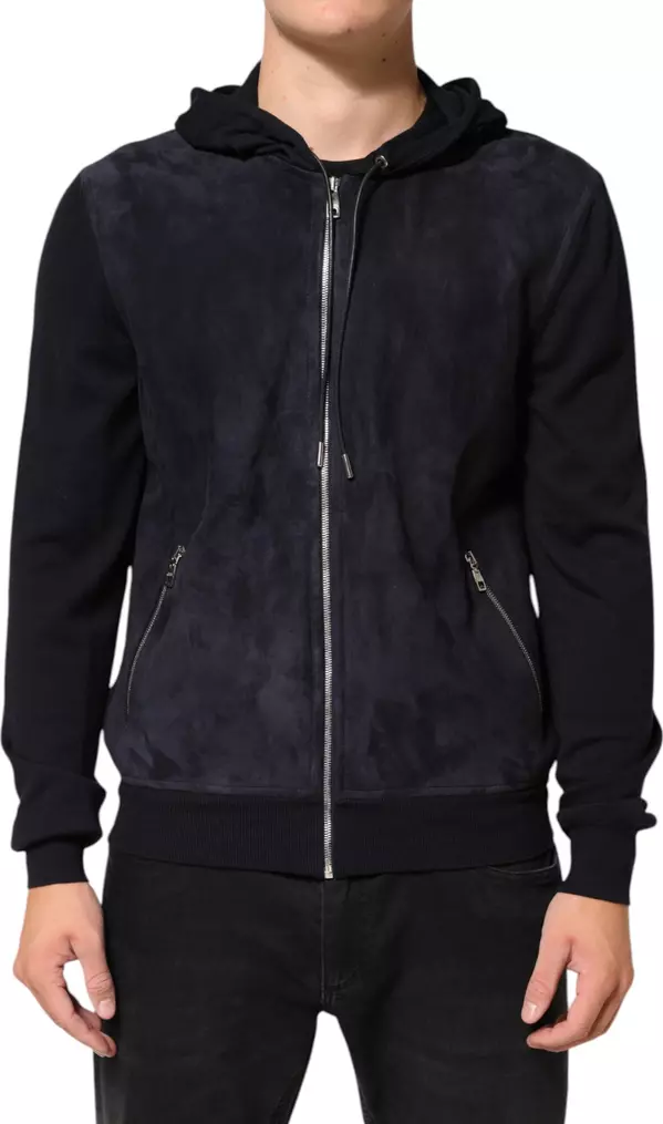 Black Leather Full Zip Hooded Blouson Jacket
