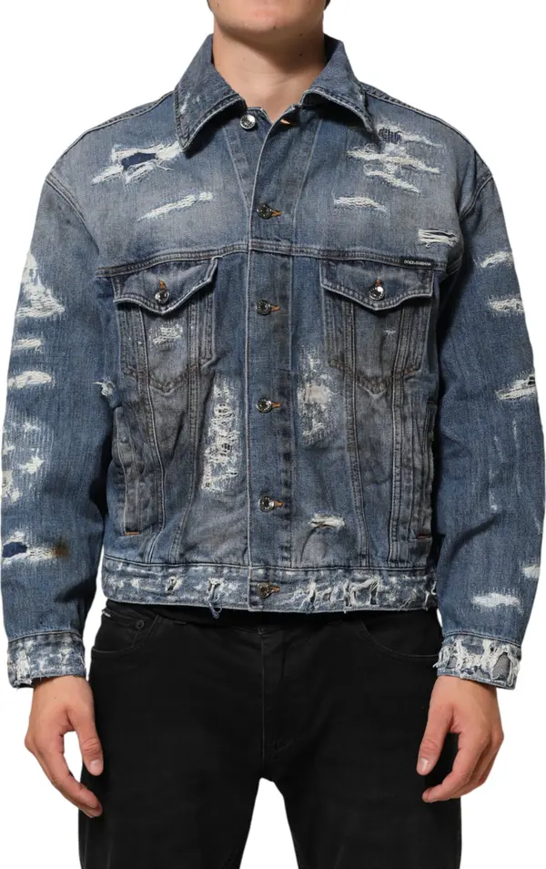 Blue Cotton Tattered Denim Blouson Jacket