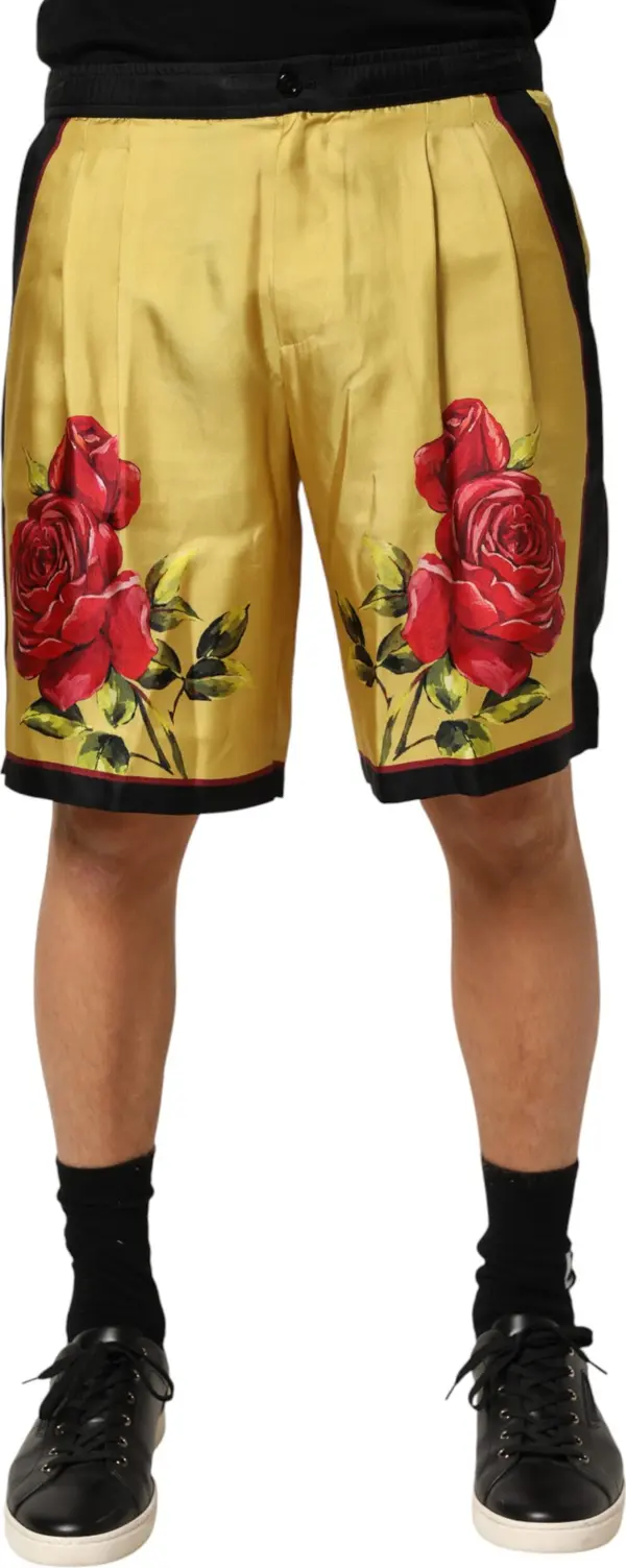 Yellow Floral Print Silk Men Bermuda Shorts