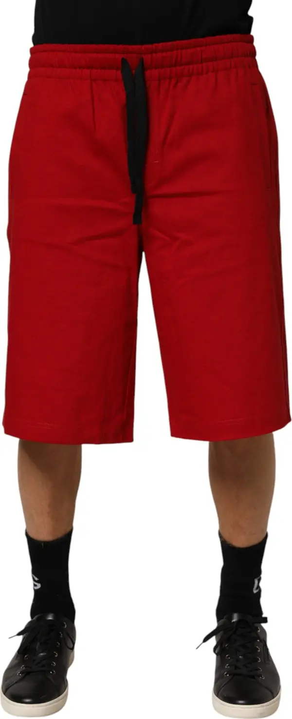 Red Cotton MidWaist Drawstring Bermuda Pants