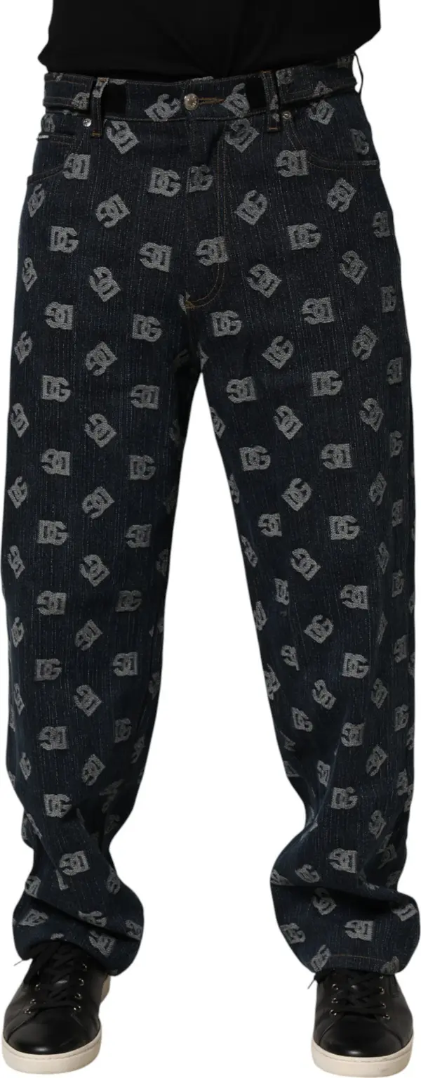 Blue Logo Print Straight Denim Men Jeans