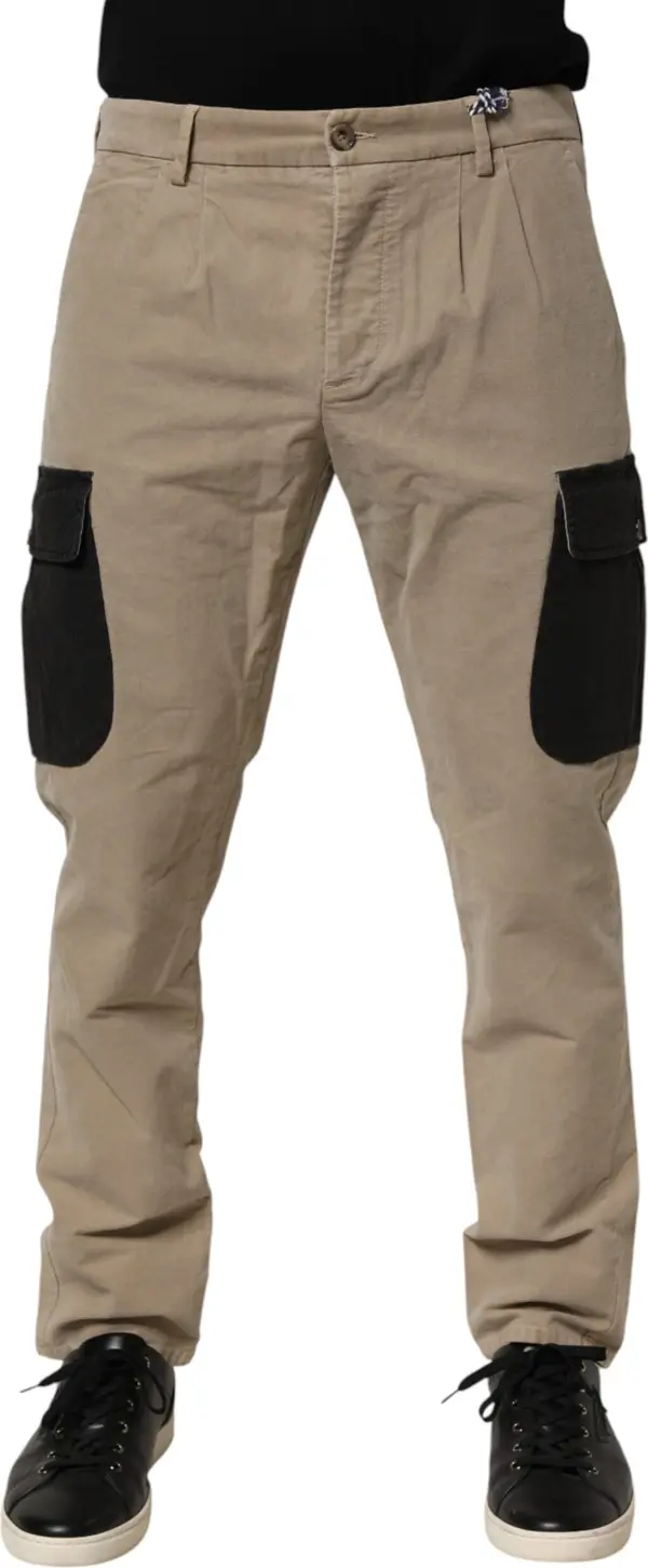 Beige Mid Waist Skinny Men Cargo Chino Trouser Pants
