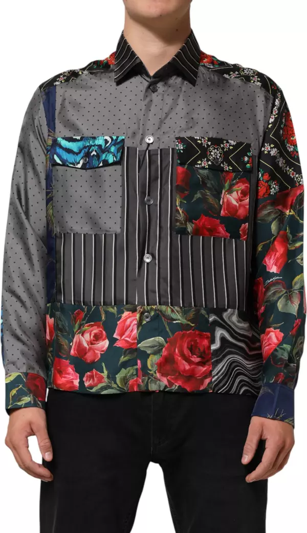 Multicolor Patchwork Long Sleeves Silk Shirt
