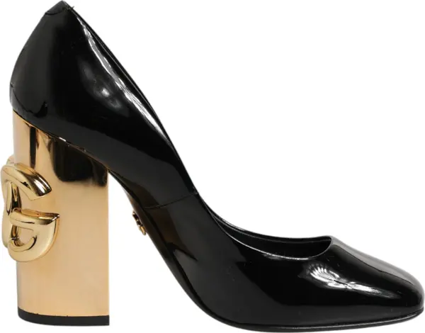 Black Gold Patent Leather Logo Heels Pumps Shoes