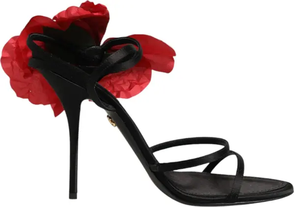 Black Leather Strappy Flower Heels Sandals  Shoes